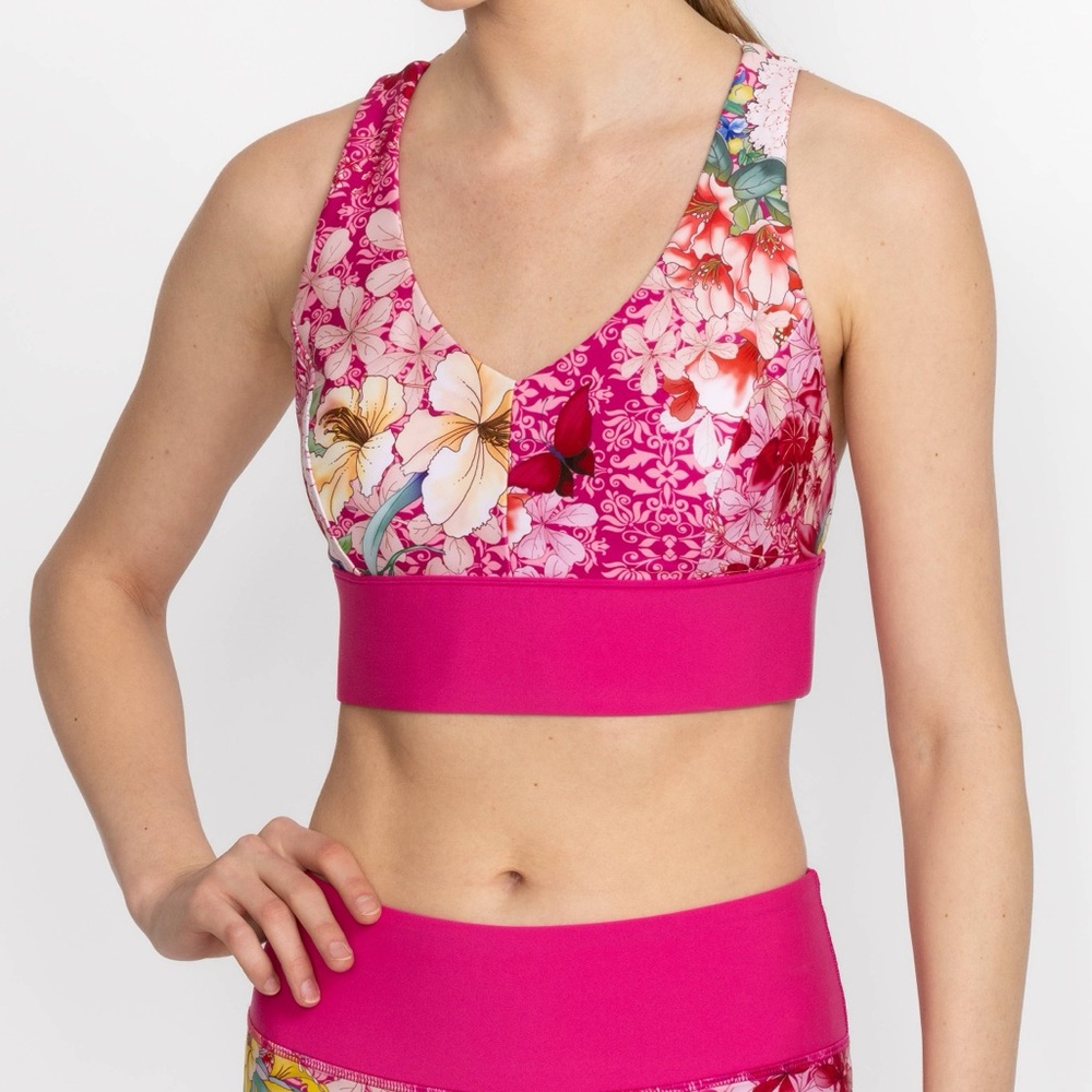 Johnny Was Bee Active Frame Cross Back Eyelet Sports Bra Size Small Pink Floral